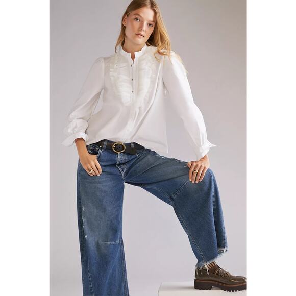 Maeve Anthropologie White Tulle-Trimmed Buttondown Long Sleeve Blouse Size Small - Picture 1 of 14